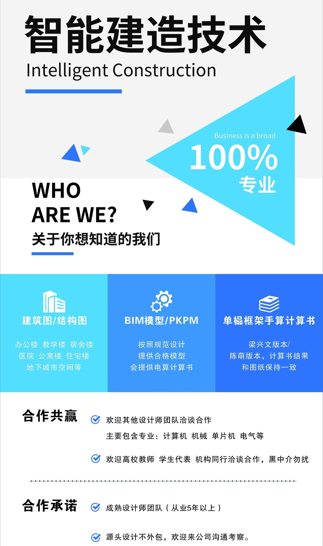 智能建造技术 — 建筑图/结构图、BIM模型/PKPM、单品框架手算计算书；合作共赢与合作承诺